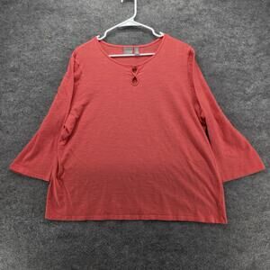 Chicos Shirt Womens XL Chicos 3 Coral 100% Cotton 3/4 Sleeve Keyhole Neck Top